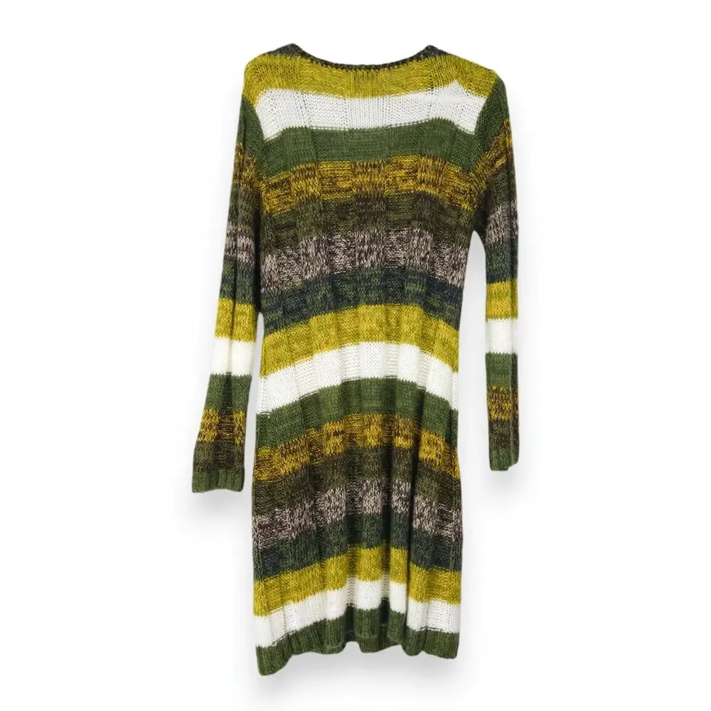 Ultra Flirt Striped V‑Neck‎ Sweater Dress Green White XL EUC Vintage Cozy Fuzzy